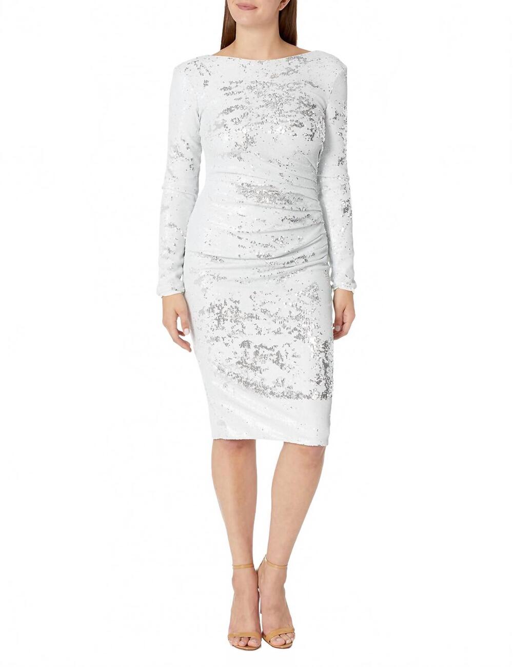 NEW DRESS THE POPULATION stretch sequin drape front bodycon midi dress in white